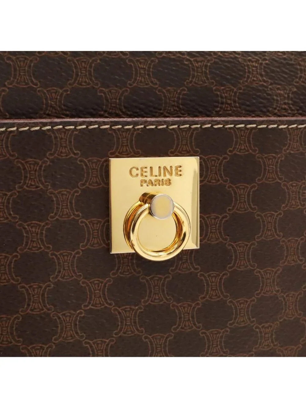 Celine Macadam Shoulder Bag Crossbody Leather Dark Brown Gold